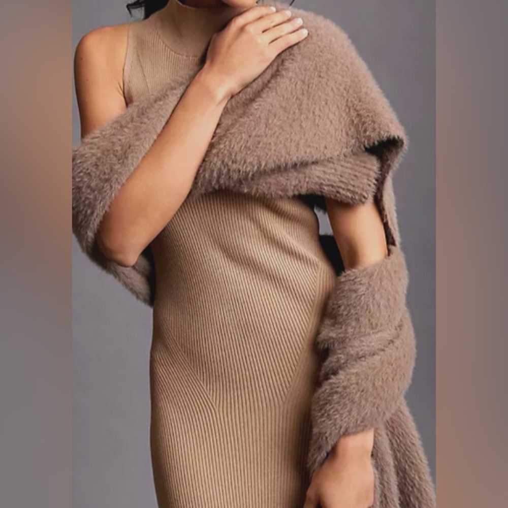 Anthropologie Knit Mock Turtle Neck Midi Tan Cedar Sweater Dress Size XS - Picture 5 of 12